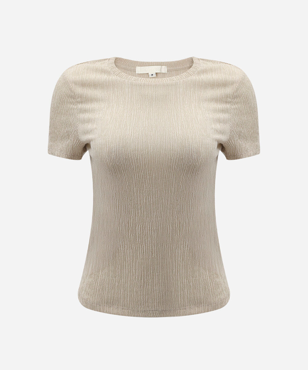 blusa básica baby look feminina manga curta texturizada bege