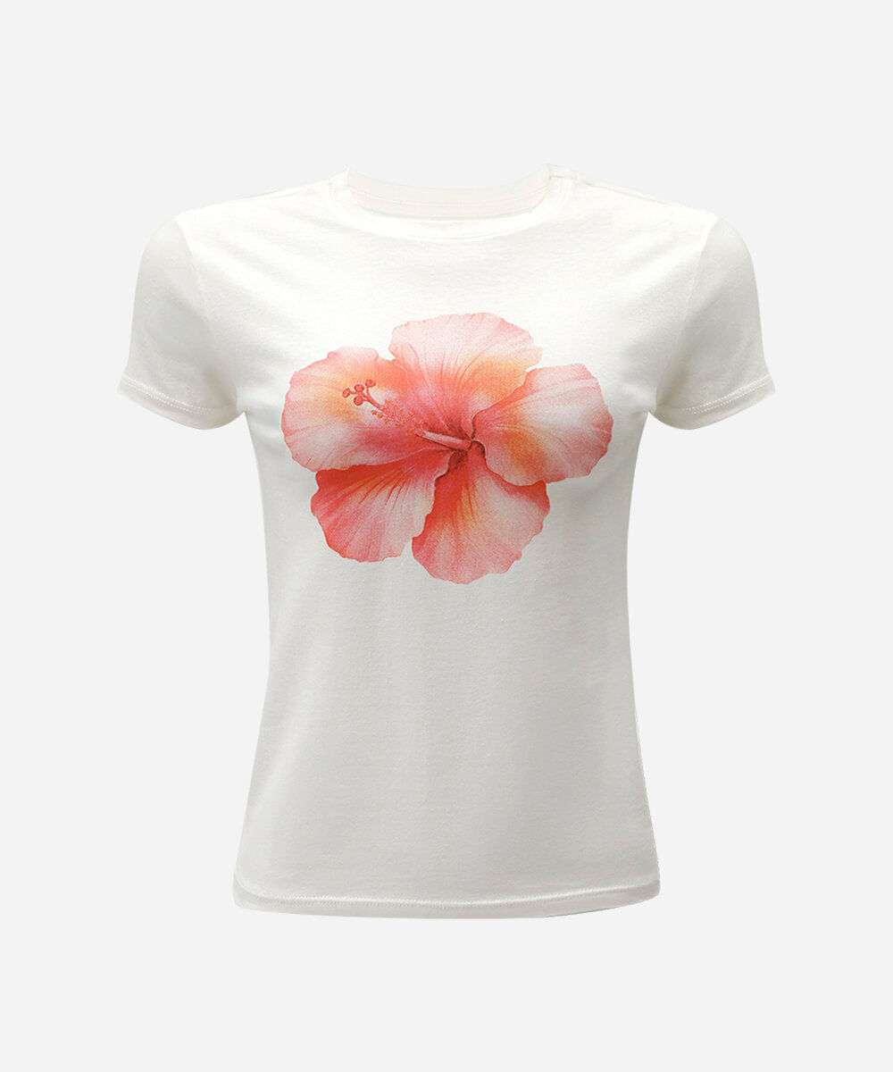 camiseta baby look básica feminina de algodão manga curta floral off white