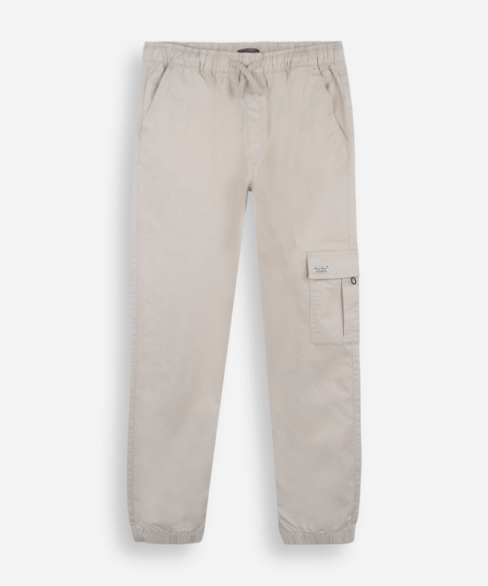 calça jogger cargo juvenil de sarja cós elástico bege