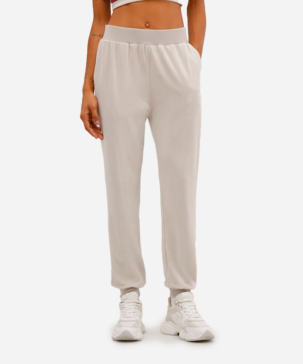 calça reta de plush cintura alta esportiva - cinza