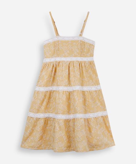 vestido infantil de laise alça fina com recortes e renda amarelo 10