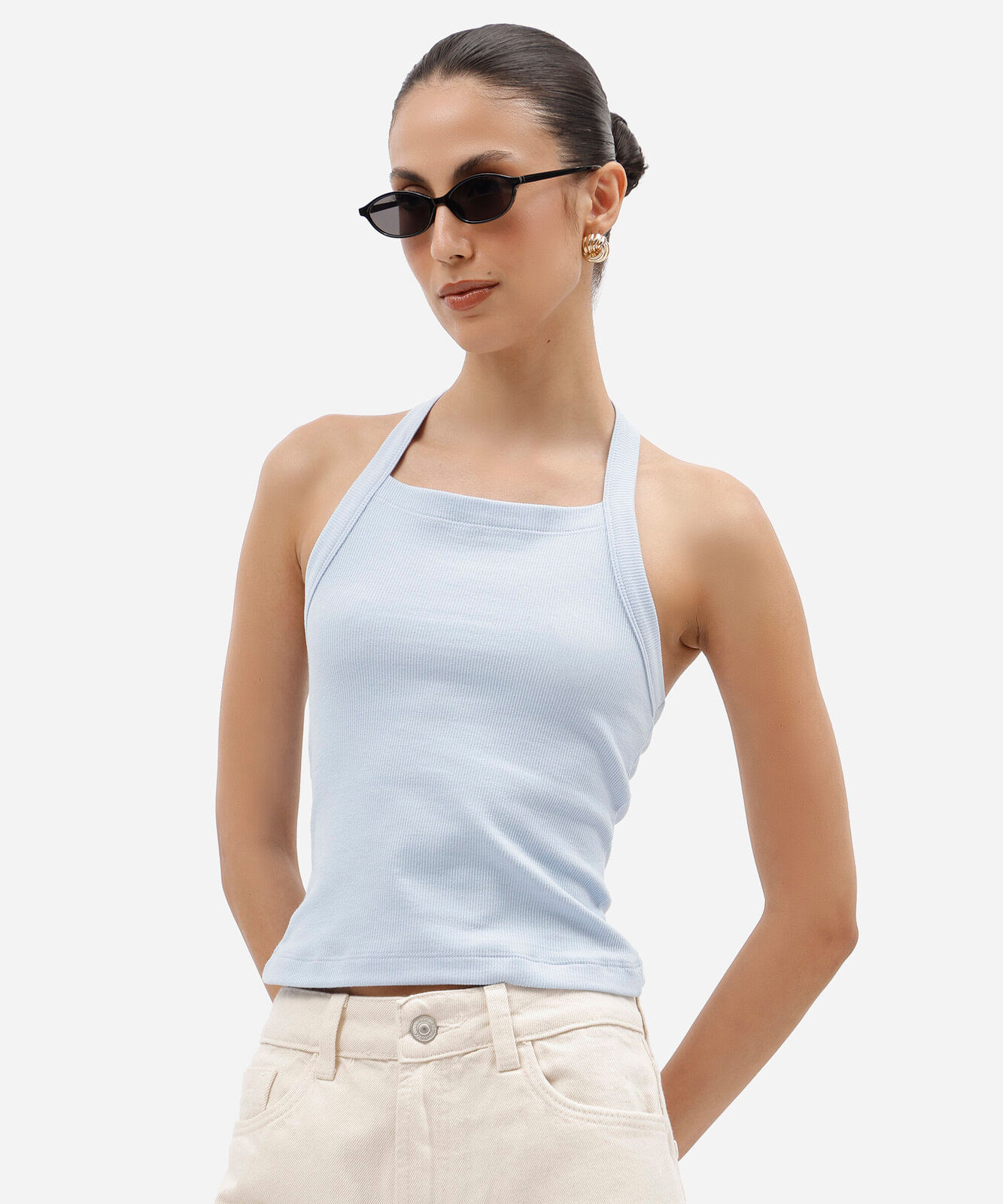 cropped frente única feminino de algodão canelado azul