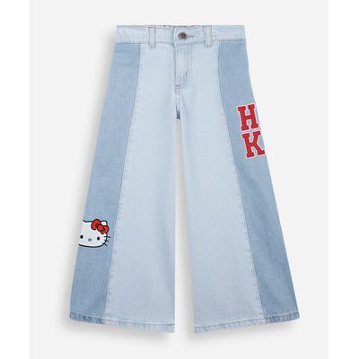 calça wide leg infantil jeans com recorte hello kitty azul