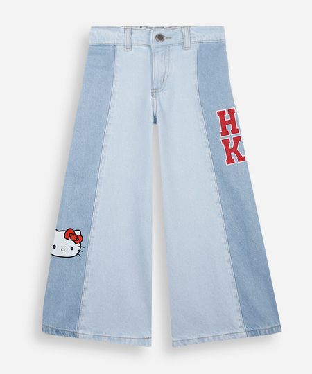 calça wide leg infantil jeans com recorte hello kitty azul 6