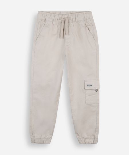 calça jogger cargo infantil de sarja cós elástico bege 4
