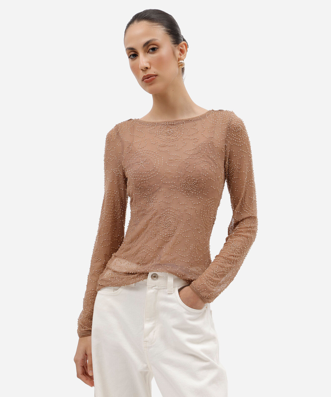 blusa feminina de tule bordado manga longa marrom