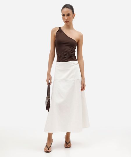saia midi feminina de sarja com recortes e fivelas off white 42