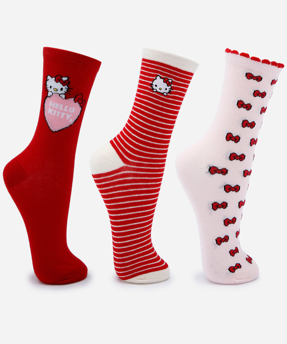 kit de 3 meias cano alto femininas hello kitty colorido