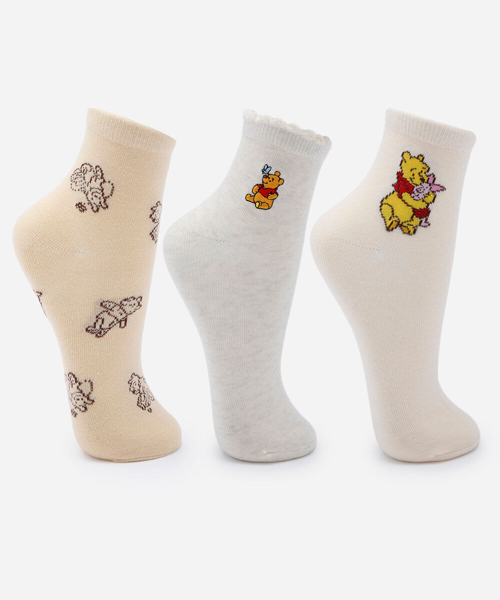 kit de 3 meias cano médio femininas ursinho pooh colorido