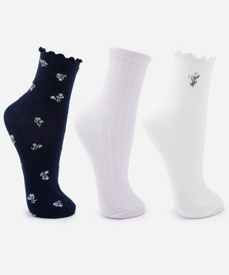 kit de 3 meias cano alto femininas floral colorido 34-39