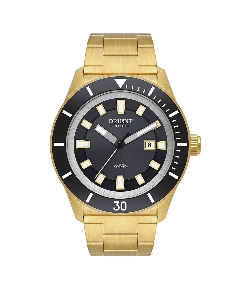 relógio masculino orient solartech analógico calendário mgss1291 g1kx dourado