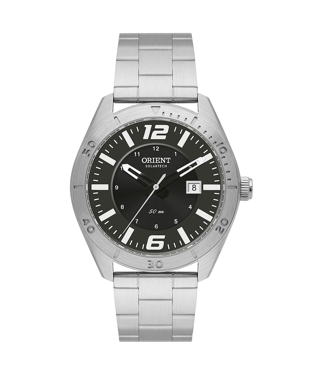 relógio masculino orient solartech analógico calendário mbss1497 g2sx prateado