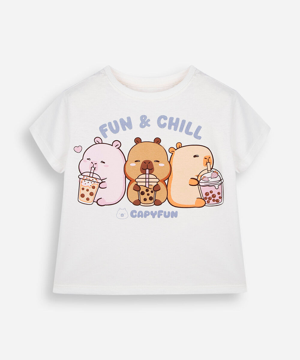 camiseta infantil de algodão manga curta capivara off white