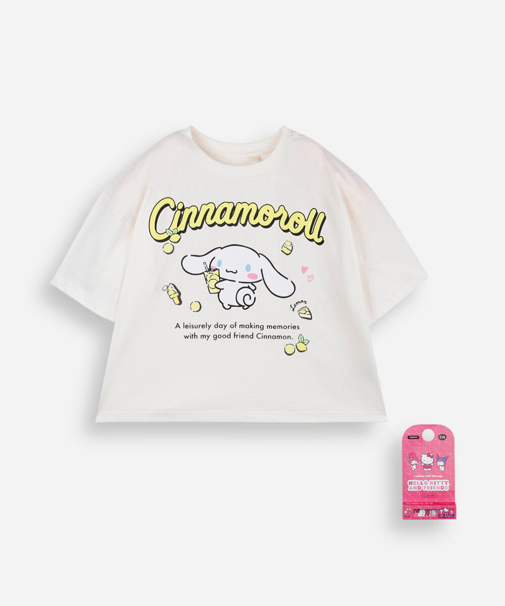 camiseta boxy cropped juvenil de algodão manga curta cinnamoroll com brinde off 