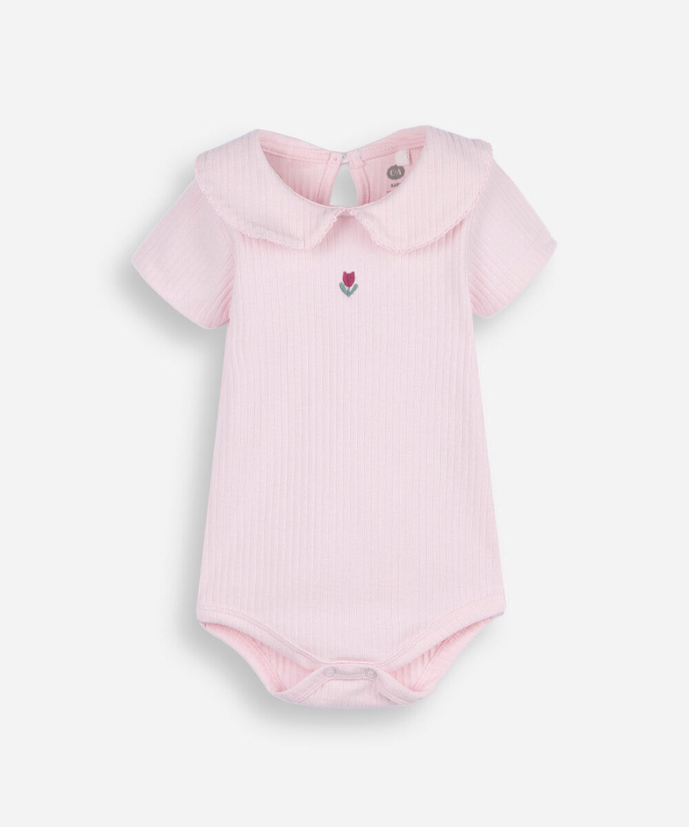 body infantil de algodão manga curta canelado rosa