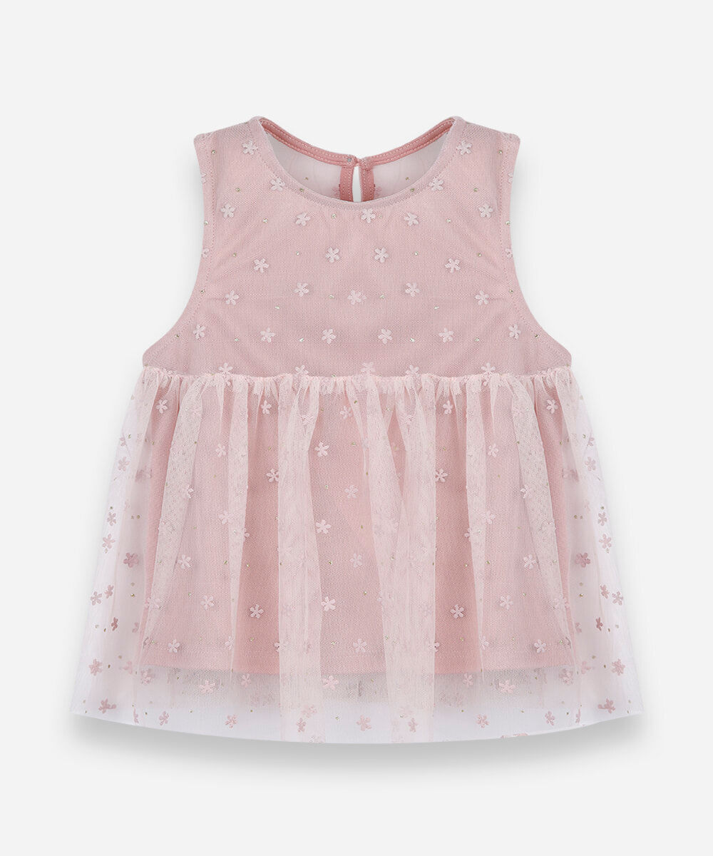 regata infantil de tule com recorte floral rosa