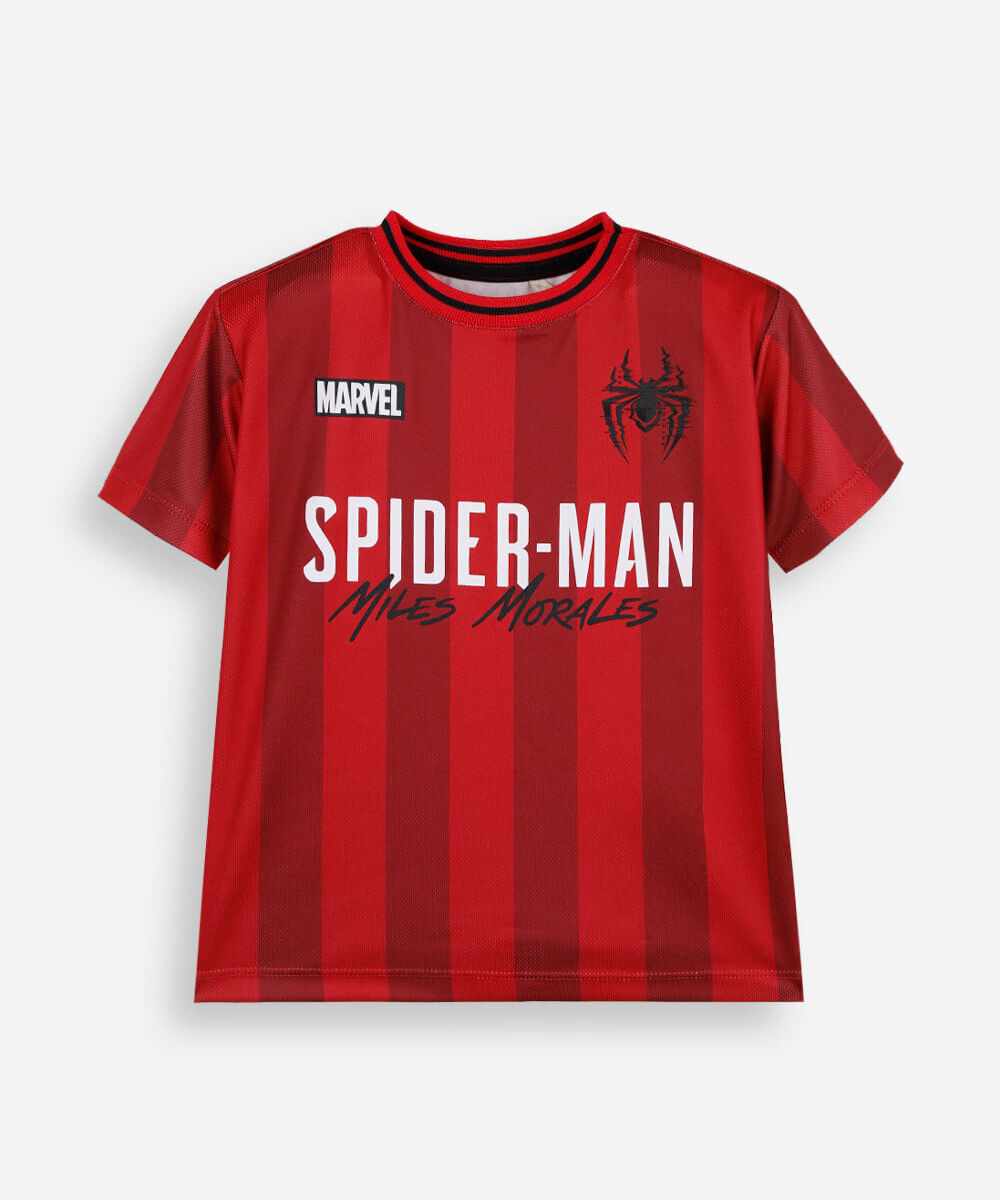 camiseta infantil manga curta homem aranha miles morales listrada vermelha
