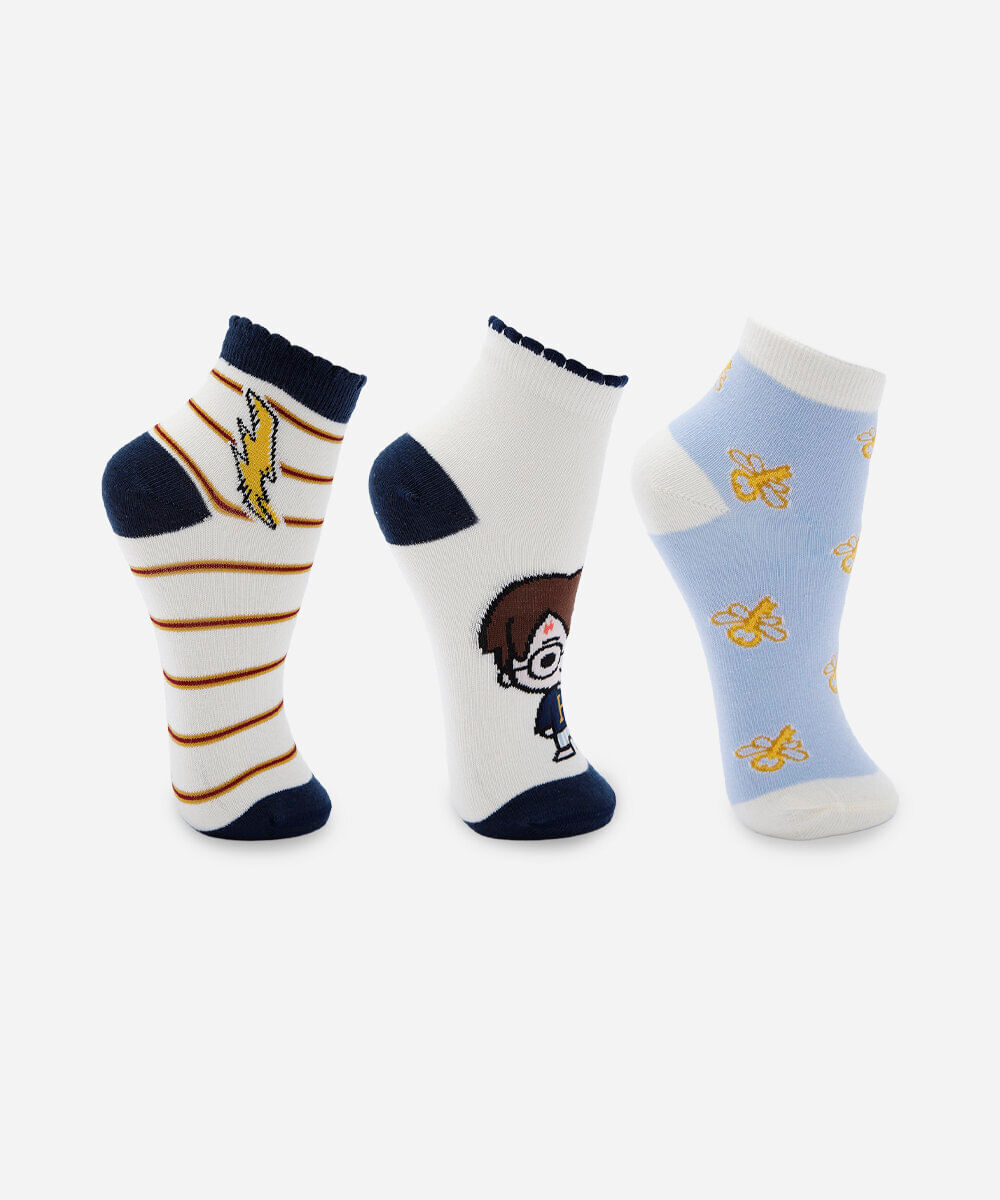 kit de 3 meias cano curto femininas harry potter colorido