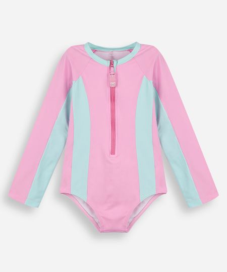 maiô infantil manga longa com recortes e zíper rosa 8