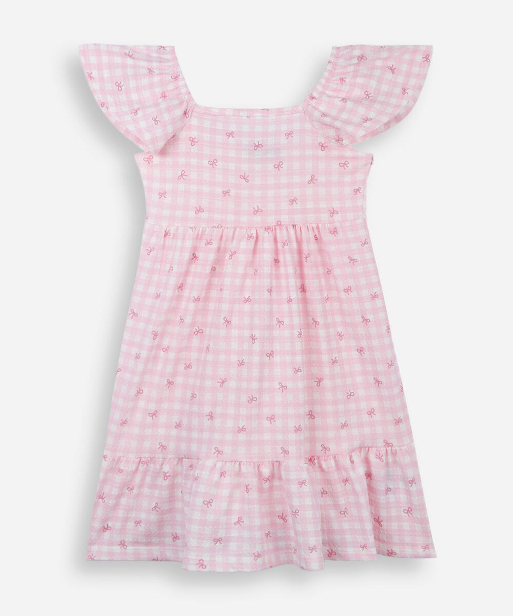 vestido infantil com algodão e recorte xadrez rosa