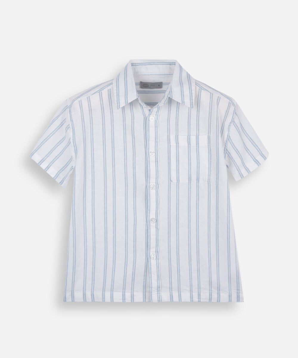camisa infantil com linho manga curta listrada azul