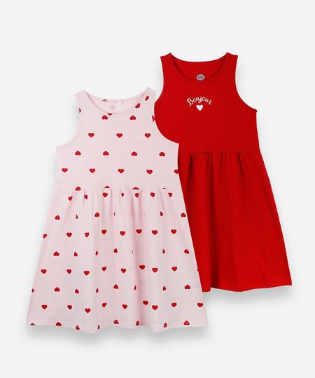 kit de 2 vestidos infantis de algodão básicos corações colorido 6
