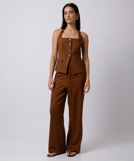 calça feminina de alfaiataria com linho mindset  marrom 44