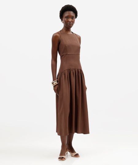 vestido midi feminino com viscose franzido marrom M