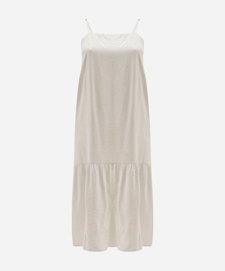 vestido midi feminino alça fina com recorte e bolsos texturizado plus size off white GG1