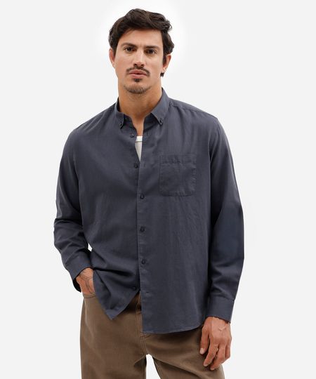 camisa masculina de algodão manga longa com bolso azul P