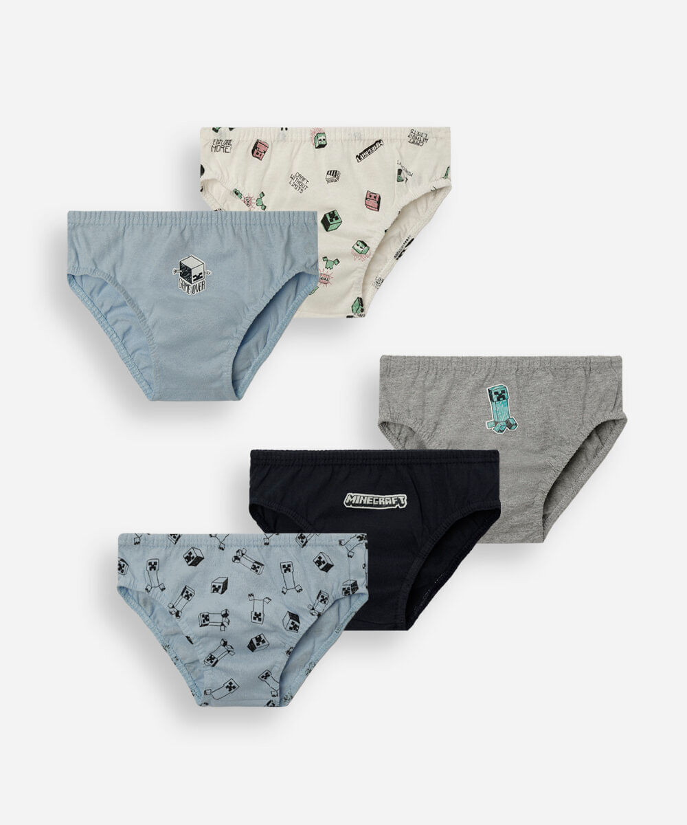 kit de 5 cuecas slip infantil de algodão minecraft colorido