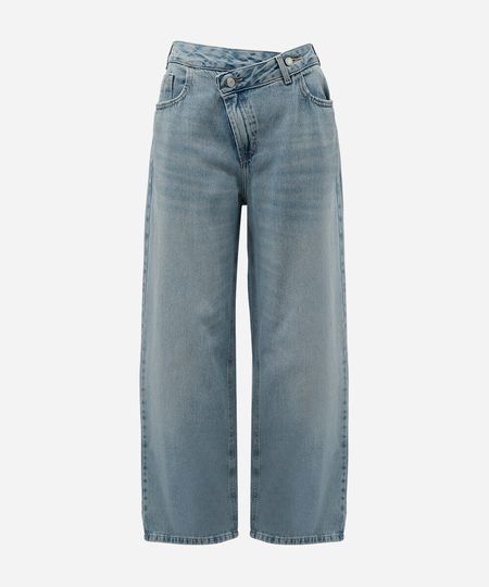 calça wide leg feminina jeans cós cruzado cintura alta azul 46