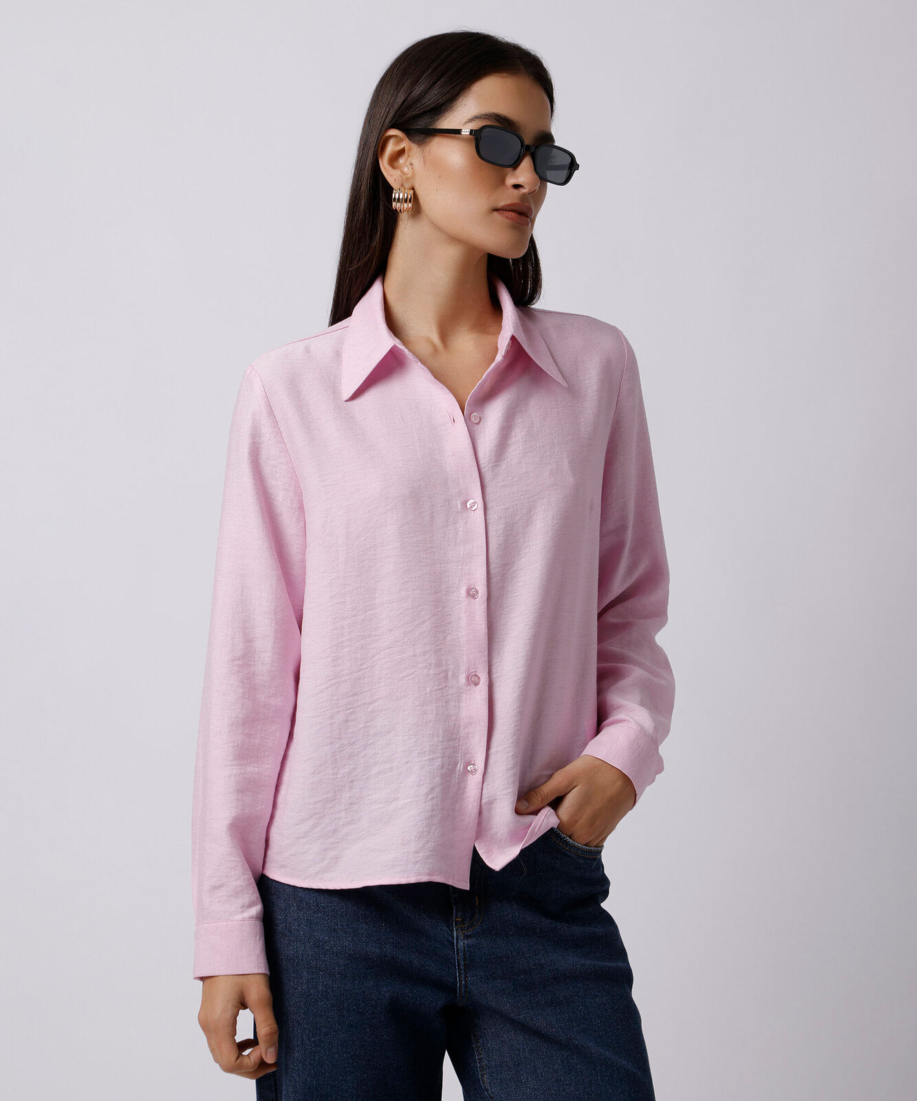 camisa feminina com linho manga longa texturizada mindset rosa