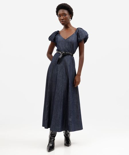 vestido longo feminino jeans com linho manga bufante azul PP