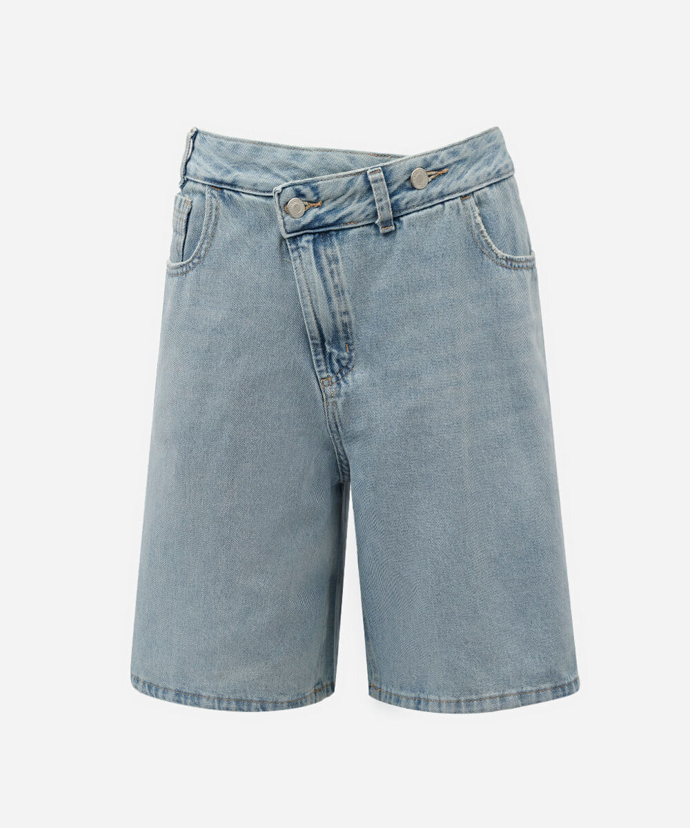 bermuda feminina jeans cós cruzado cintura média azul