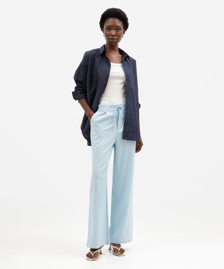 calça wide leg feminina de alfaiataria com amarração azul 38