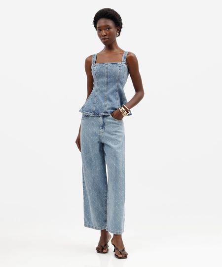 calça baggy feminina jeans cintura alta texturizada azul 34