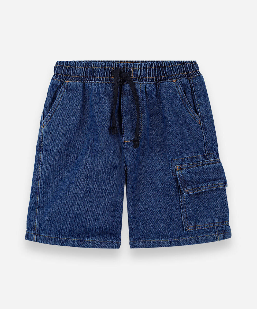 bermuda cargo infantil jeans cós elástico azul
