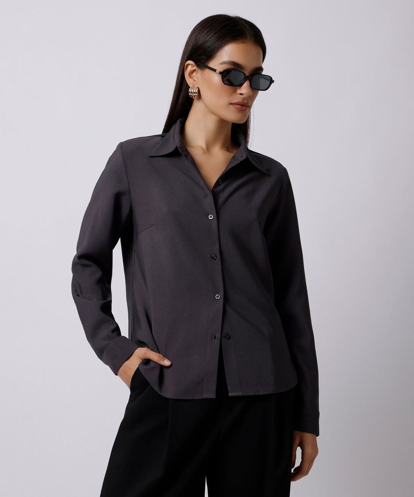 camisa feminina com viscose manga longa mindset cinza