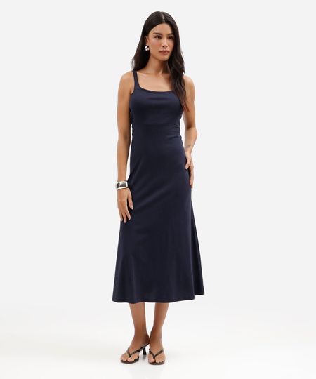 vestido midi feminino decote quadrado canelado básico azul PP
