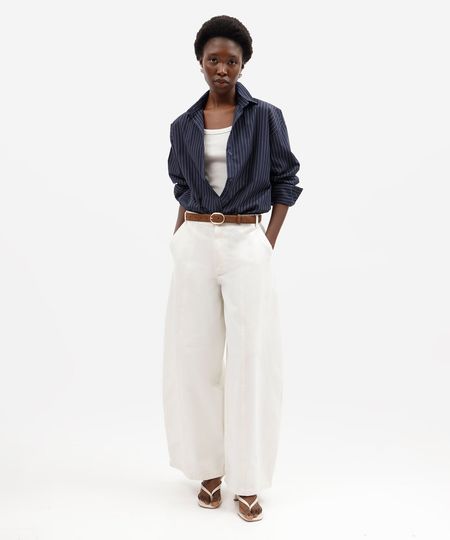 calça balloon feminina de sarja com recortes cintura média  off white 34