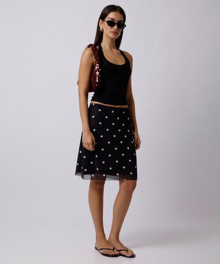 saia midi lápis feminina de tule poá preta G