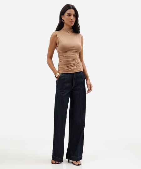 calça wide leg feminina jeans cintura alta azul 36
