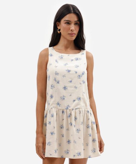 vestido curto feminino com recorte e linho floral off white P