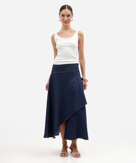 saia midi feminina jeans com babado assimétrica azul 36