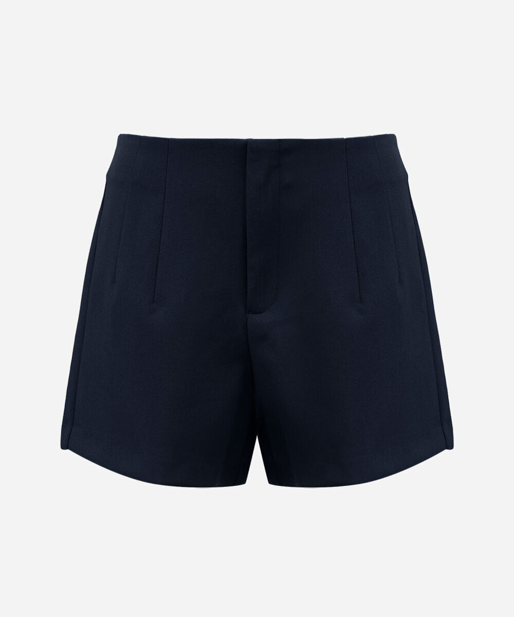 short feminino de alfaiataria com pregas cintura alta azul