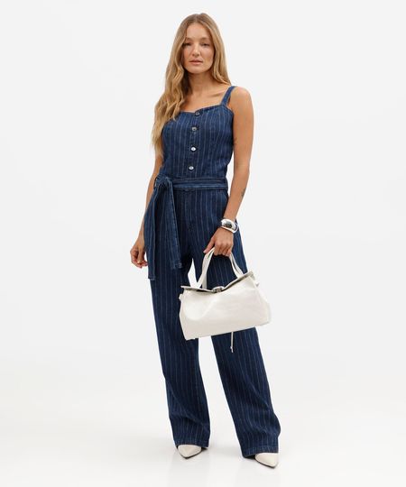 macacão feminino jeans risca de giz com faixa azul P