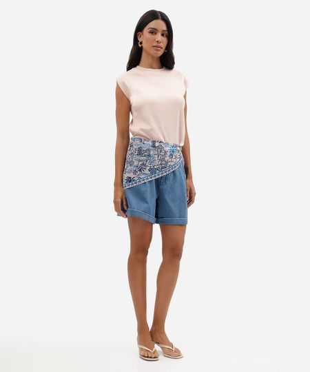 bermuda feminina jeans cintura alta com lenço azul 36