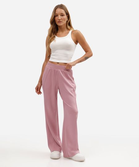 calça reta feminina com viscose e recortes cós elástico scuba básica rosa M