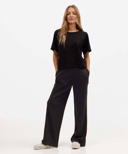 calça reta feminina com viscose e recortes cós elástico básica scuba preta PP
